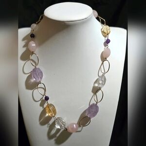 J&T STERLING 925 MULTI GEMSTONE NECKLACE AMETHYST, ROSE QUARTZ CITRINE 18in